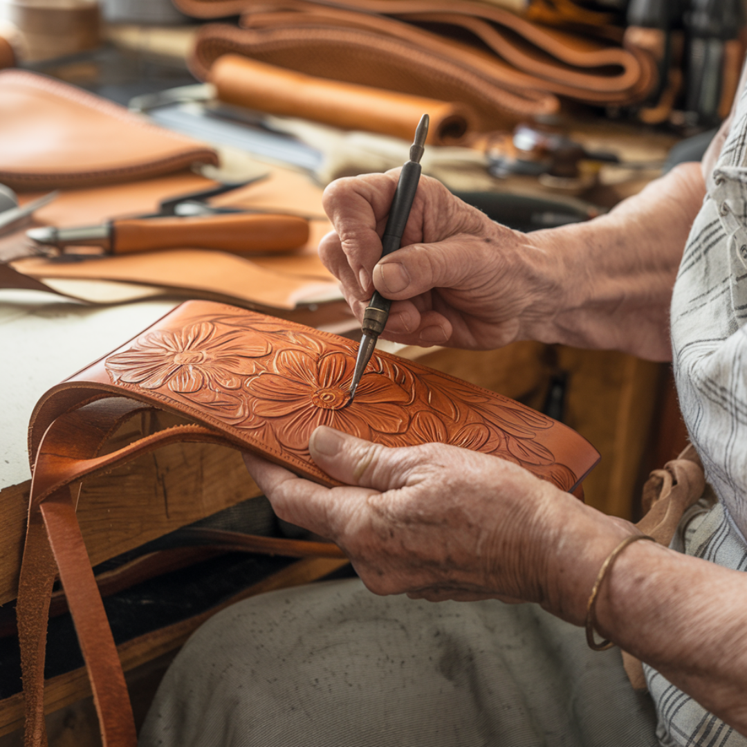 Florina - Handväska i läder med gravyr och blommönster