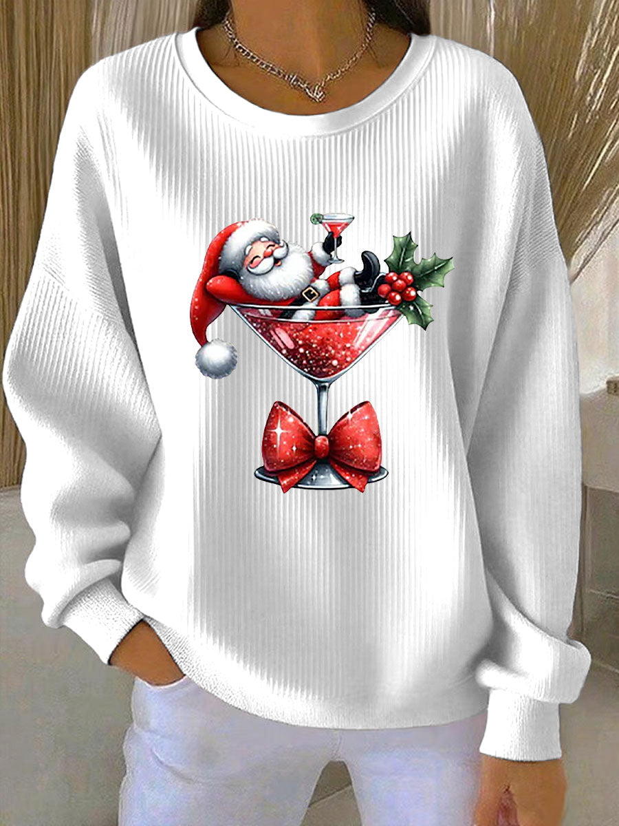 Kvinnors jultröja tryckt Ribbad rund hals sweatshirt